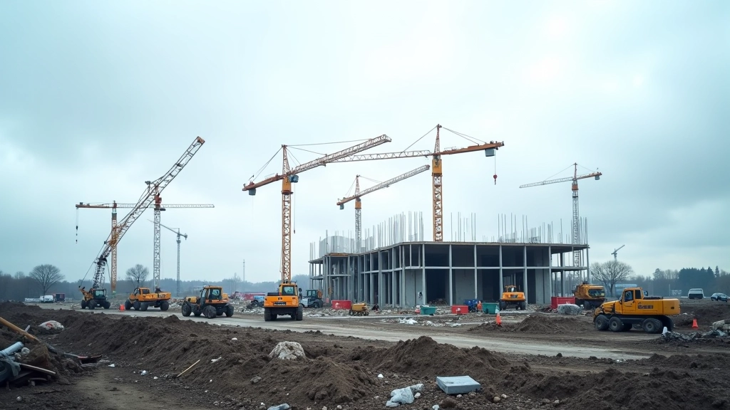 Baugelände mit Kränen und Arbeitern während der Baustelle unter bewölktem Himmel