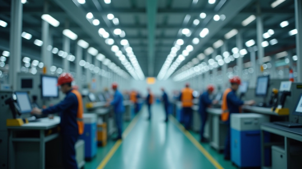 Fabrikhalle mit Produktionsmaschinen und Arbeitern in Industrieumgebung