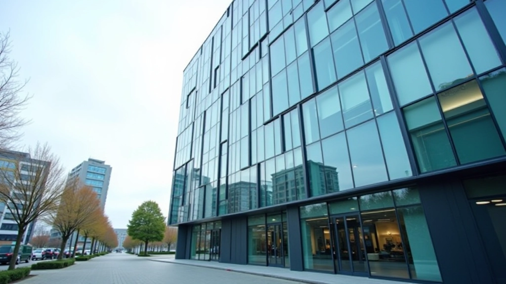 Modernes Bürogebäude mit Finanzsektor-Symbolen und Wirtschaftsdaten auf Displays