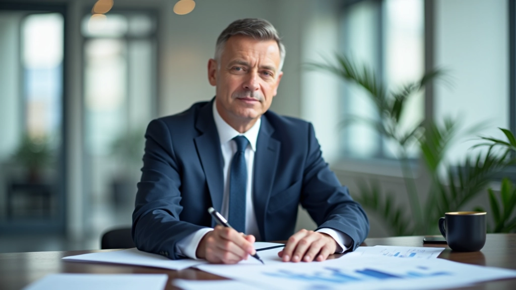 Statistiker analysiert Wirtschaftsdaten an Schreibtisch mit Grafiken und Dokumenten